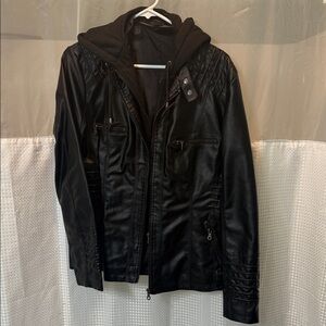 NWOT Women’s Black Hooded Faux Leather Jacket Xl - Moto Style